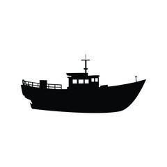 Obraz premium A detailed black and white silhouette vector illustration of a fishing boat, Black and white silhouette vector illustration of a fishing boat