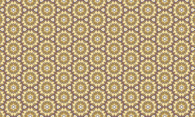 Intricate golden and brown geometric pattern with repeating floral motifs, creating a seamless and ornate design for backgrounds or textiles