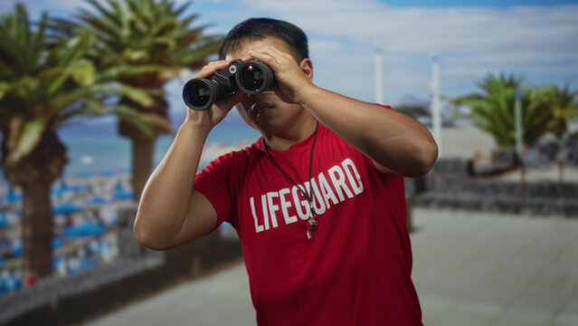 Lifeguard man holds binoculars to eyes in street by seaside scanning horizon; vigilance duty focus commitment.