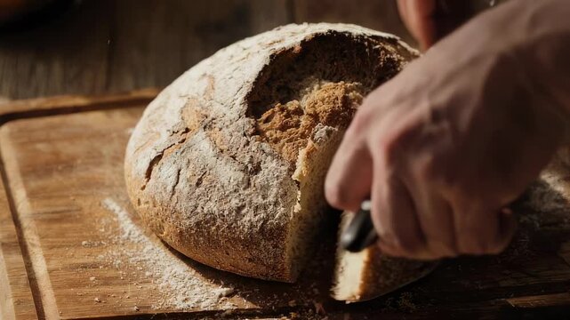 Rustic sourdough bread loaf on a wooden cutting board