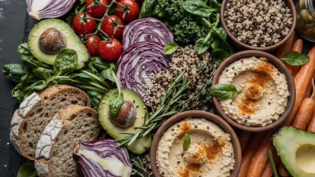 Fresh healthy food platter with vegetables fruits grains and bread overhead view