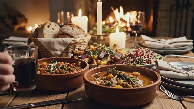 Festive dinner table with candles food and bread warm lighting and cozy atmosphere