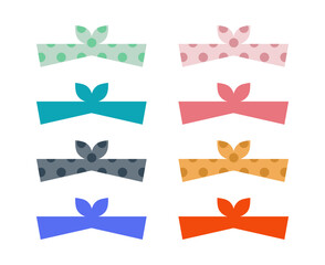 Woman headbands set or collection. Retro fashioned scarf on head for ladies ribbons and bows recent vector collection. Different colors