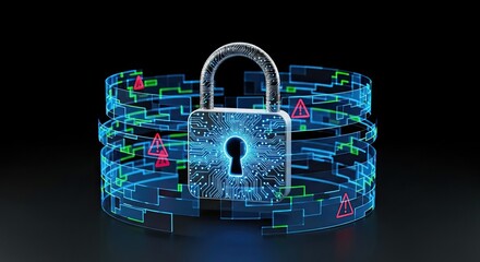 Digital padlock surrounded by holographic network layers symbolizing cybersecurity