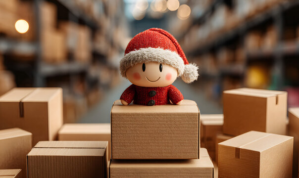 A toy loader in santa hat  carries boxes in a warehouse	