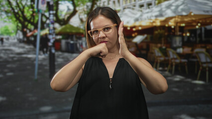 Fototapeta premium Woman wearing glasses making fist to palm gesture with visible hands on street terrace cafe outdoors; strength determination.
