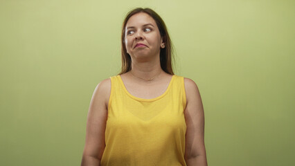 Obraz premium Woman with skeptical side glance and slight shoulder shrug in a studio with light green backdrop; bemusement curiosity.