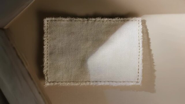 A textured fabric rectangle with frayed edges is stitched to a smooth, dark background