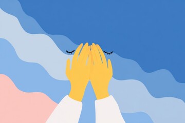 Fototapeta premium Hands resting on colorful waves, minimal illustration of burnout syndrome concept