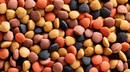 Plakat Different types of pet food are mixed together on a flat surface. The food has various colors and shapes. This mix is designed for feeding pets at home or in a pet store.