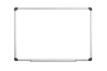 Clean and empty dry-erase whiteboard with a sleek silver frame and marker tray isolated on transparent background
