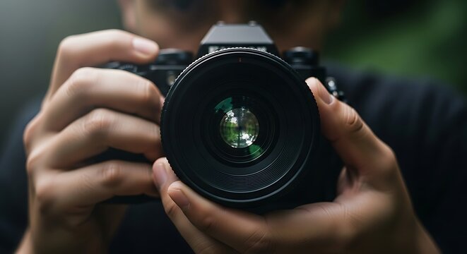 Closeup of hands holding a camera with a blurred background