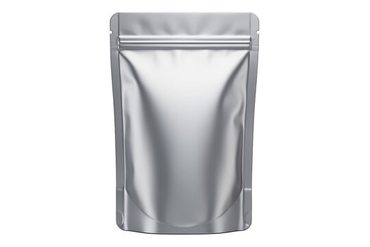 Metallic silver stand-up pouch packaging with a resealable zipper closure for various products isolated on transparent background