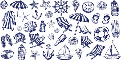 A collection of hand drawn nautical elements seashells beach items and marine life © Ajay
