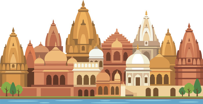 Holy Varanasi city skyline temple landscape, ancient Indian pilgrimage site view, historic cultural heritage landmark design, famous river Ganga tourism art scene.