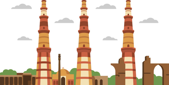 Ancient Qutub Minar complex landscape, historic Delhi tourism landmark design, famous Indian Islamic architecture symbol, world heritage culture art scenic view.