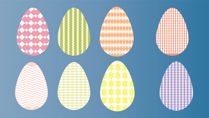 Colorful Easter Eggs with Various Patterns on Blue Background