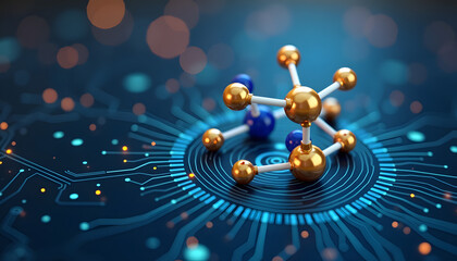 Obraz premium Abstract molecular structure on a glowing digital circuit board with bokeh lights