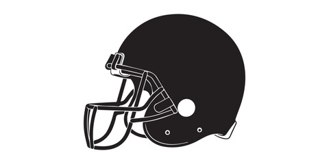 Black silhouette of an American football helmet on a white background sports helmet protective gear, A stark black silhouette of a classic American football helmet, viewed from the side, against.set © SujetaRani