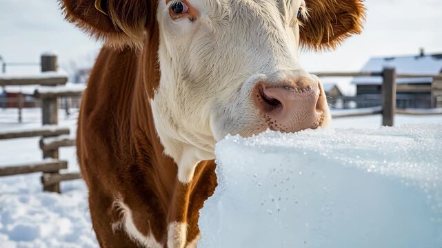 Brown and white cow licking a large ice block. Animal hydration in a snowy farm environment during winter. Close-up of tongue and muzzle