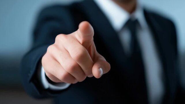 Man points finger while giving a message in a suit during a formal meeting at an office setting