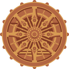 Ancient Konark Sun Temple wheel symbol icon, historic Indian architectural culture element, famous Odisha tourism landmark design object, spiritual chakra art sign.