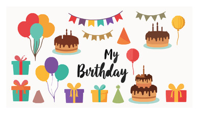 Flat birthday party elements vector set with handwritten lettering isolated on white