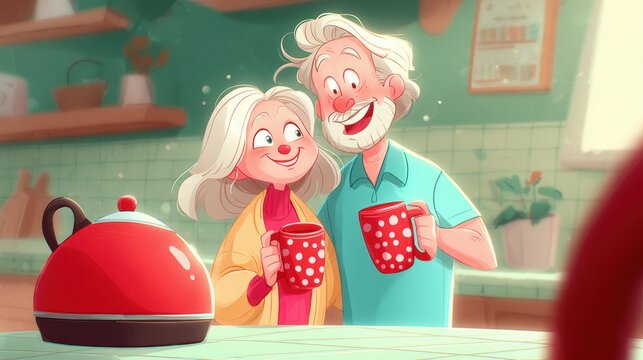 Charming Seniors Share a Warm Moment with Coffee in Cozy Kitchen Scene
