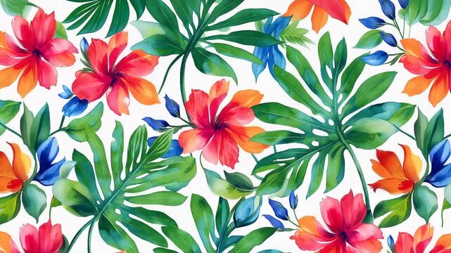 Tropical Watercolor Floral Pattern Animation Loop, seamless motion graphic