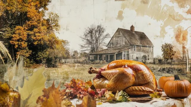 Video A domesticated turkey perched on a table surrounded by decorative pumpkins