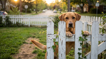 Labrador dog looking over white fence in suburban neighborhood  