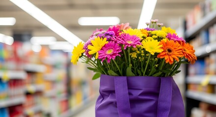 A colorful spring bouquet of blooming pink roses and orange flora creates a beautiful floral arrangement for a summer wedding gift inside a bright flower shop