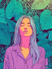 Fototapeta premium Dreamy Girl Surrounded by Lush Tropical Foliage, Meditating Peacefully