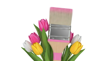 Paintbrush with Pink Tip Surrounded by Colorful Tulips