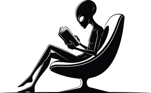 Alien Scholar Reading Book Monochrome Silhouette