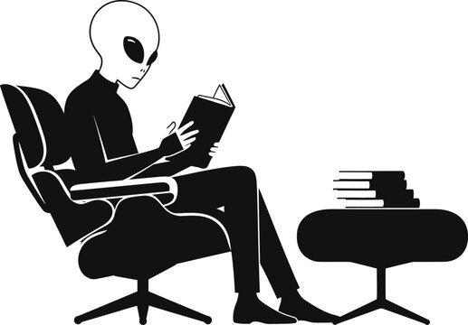 Sci-Fi Alien Reading Book Flat Silhouette Design