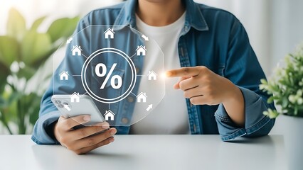Person sitting at a table with a cell phone and percentage symbol overlay