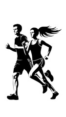 Running man and woman, isolated vector silhouettes. Run, side view. Silhouettes of athletic looking male and female runners running. JPEG version.