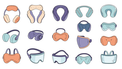 Collection of sleep accessories including various designs of eye masks, travel pillows, and noise canceling earmuffs.