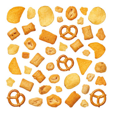 Assorted snacks including crackers, chips, and pretzels arranged in a square shape on a neutral background from a top-down viewpoint