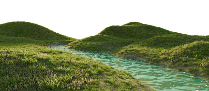 Clear River Flowing Through Green Grassy Hills. 3D rendering.	