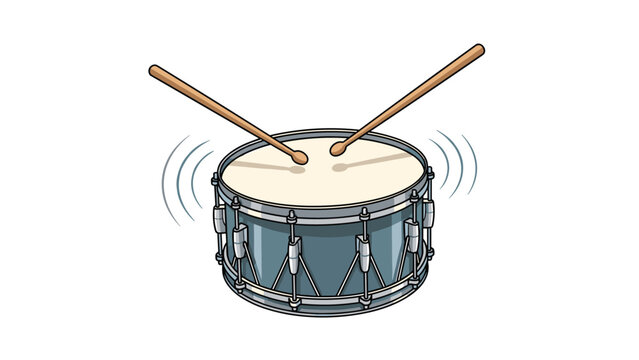 Blue professional snare drum with two wooden drumsticks performing a beat with motion lines on white background.