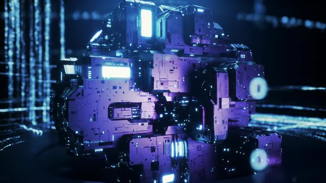 Intricate glowing hyper-futuristic quantum computing device with metallic surfaces against a deep minimalist void. Pulsating data streams, light trails, cool blue/electric purple highlights,