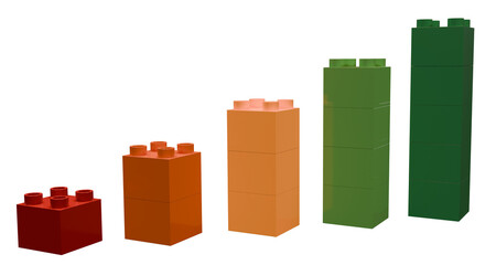 Growing bar chart from color toy blocks on blue background. 3D rendering.
