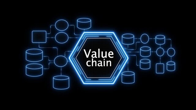 Value chain business concept with digital icons illustrating connected processes, analytics optimization, operational efficiency, and competitive advantage flow, enterprise strategy 