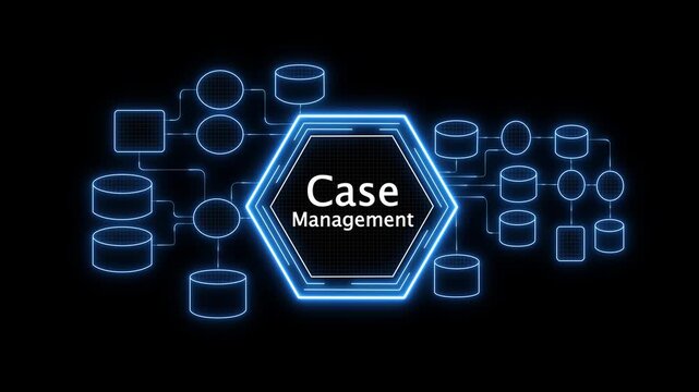 Neon line Case Management concept button on a futuristic computer screen display with hexagon shapes and sciencetic symbols on rotating world map icon, digital workflow control 