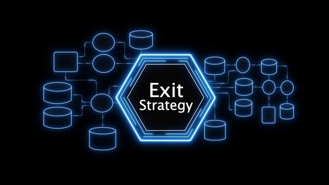 Exit strategy technology concept on virtual screen interface. Business, Technology, Internet and network concept, corporate transition planning and investment decision dashboard