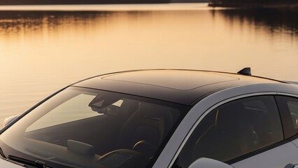 Obraz premium Silver car parked beside a serene lake at sunset.