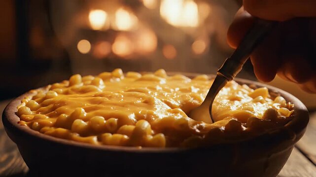 Close up of baked macaroni and cheese in a rustic bowl with warm lighting