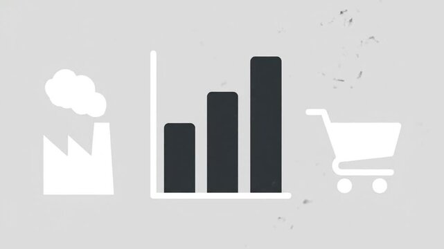 Conceptual Bar Chart with Factory and Shopping Cart Icons on Minimalist Grey Background